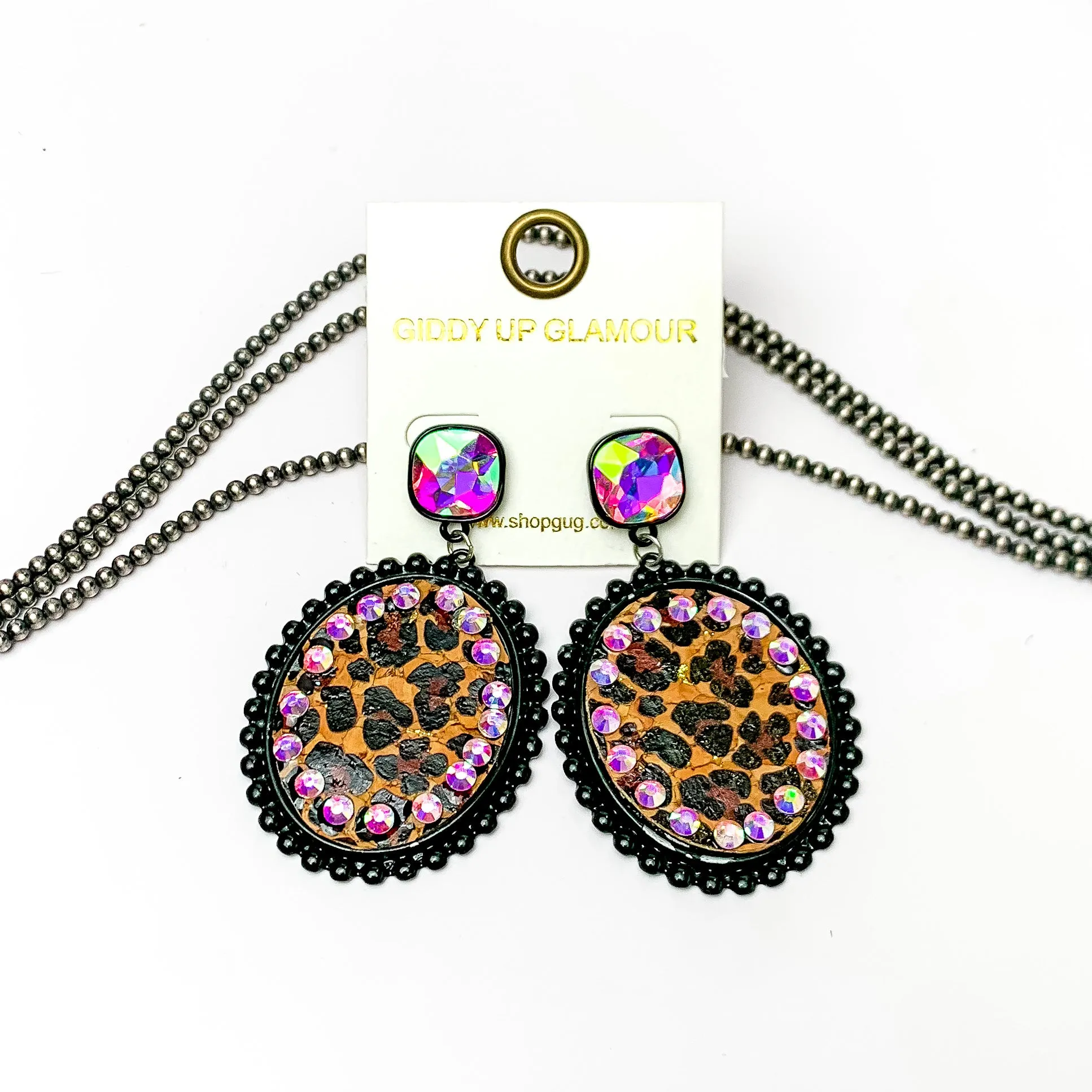 AB Crystal Post Black Oval Earrings with Leopard Print Inlay and AB Crystal Outline