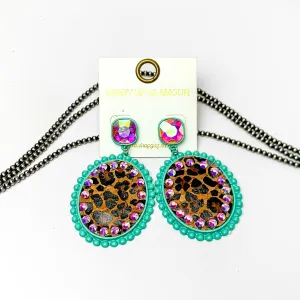 AB Crystal Post Turquoise Oval Earrings with Leopard Print Inlay and AB Crystal Outline