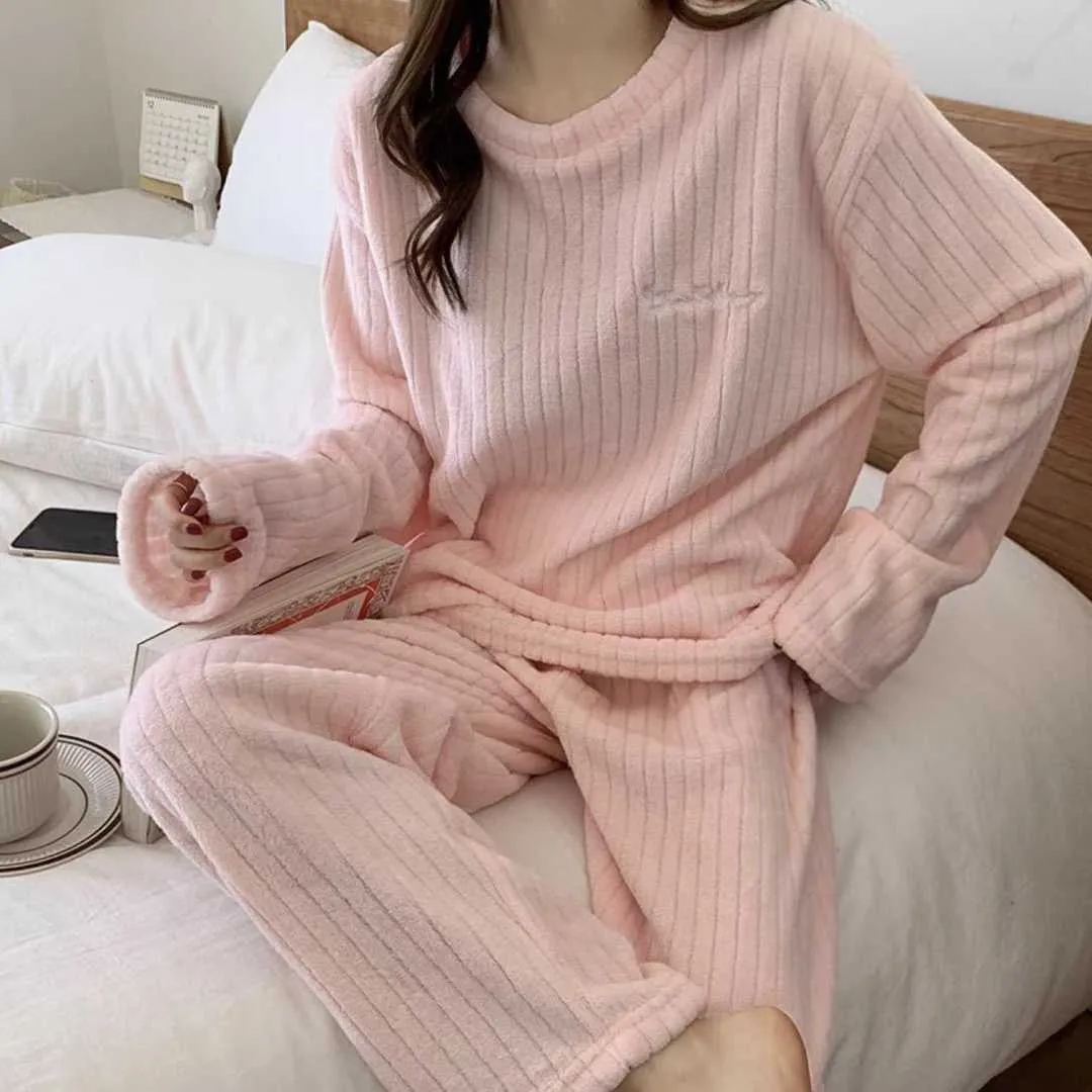 Autumn Winter Women's Korean Fashion Temperament Coral Fleece Warm Pajamas Set Thick Plus Velvet Sweet Comfortable Breathable Casual Homewear