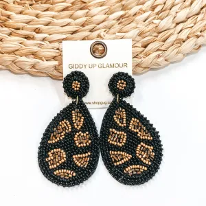 Beaded Leopard Print Teardrop Earrings in Black