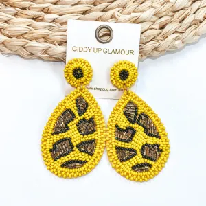 Beaded Leopard Print Teardrop Earrings in Yellow