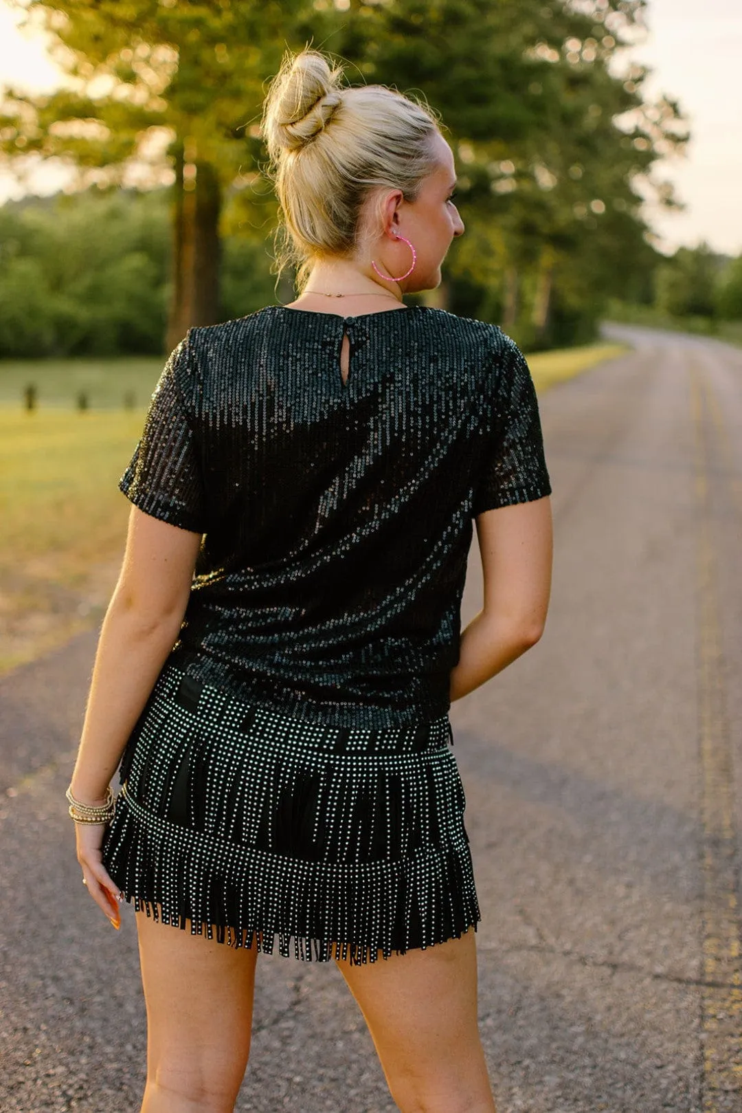 Black Sequin Cap Sleeve Top