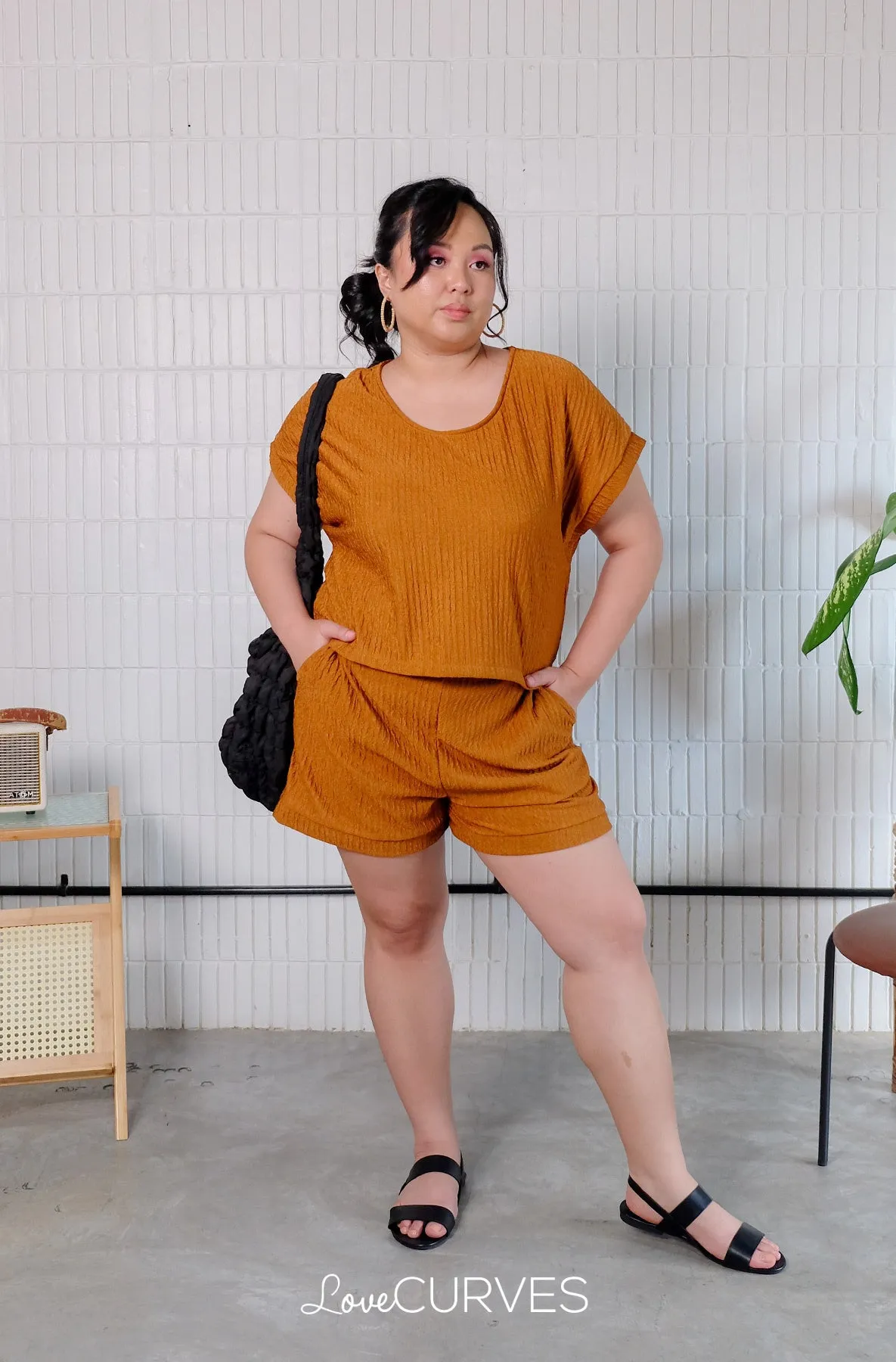 Cuffed Sleeves Top with Shorts Co-ords - Burnt Copper