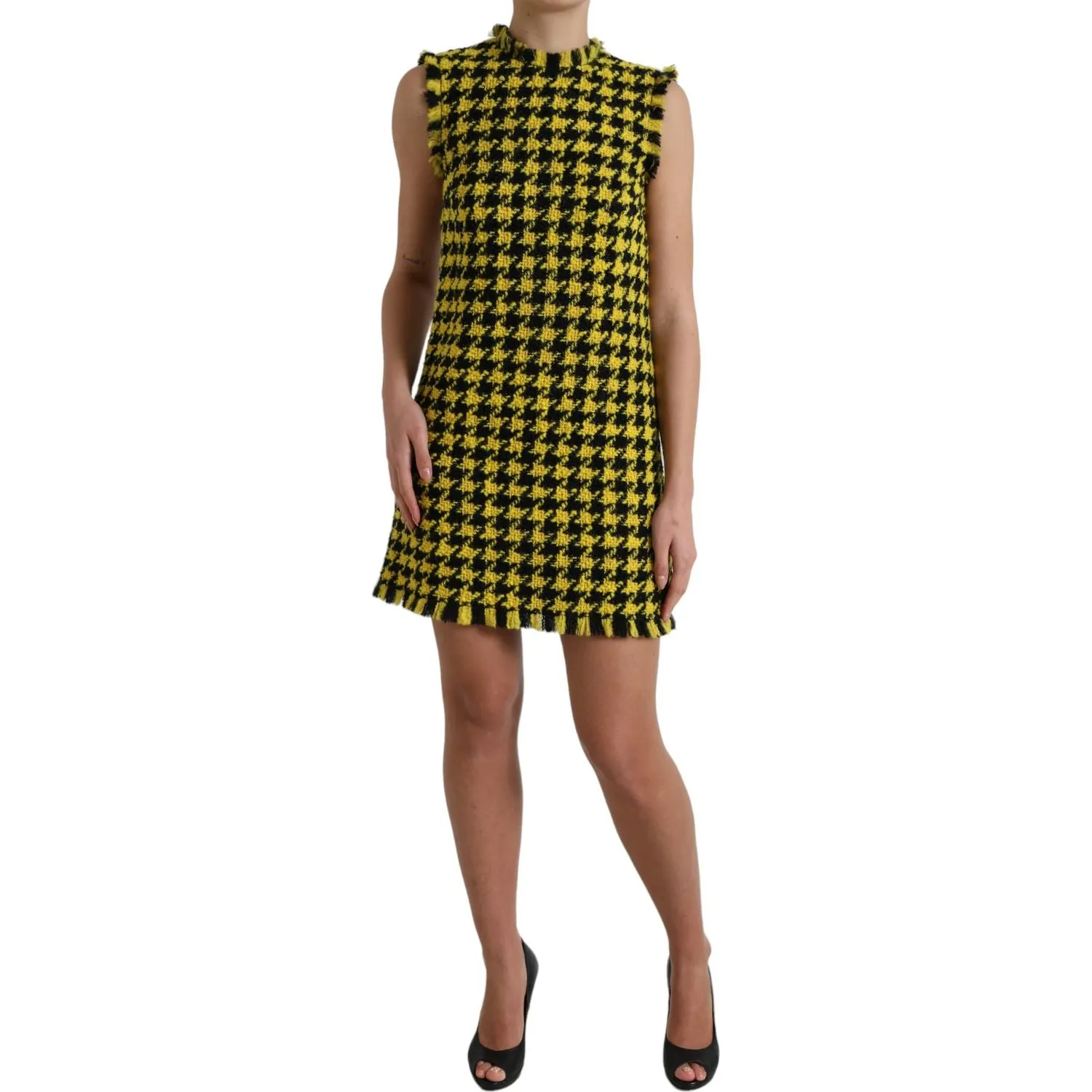 Dolce & Gabbana Houndstooth Knitted Chic Yellow Mini Skirt