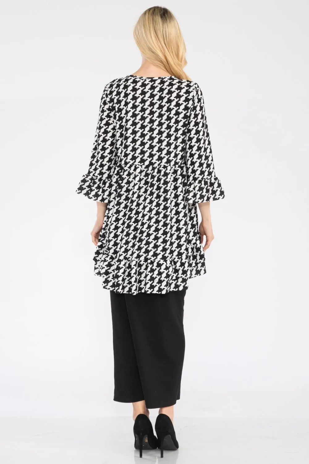 Full Size Houndstooth Flounce Sleeve High-Low Top