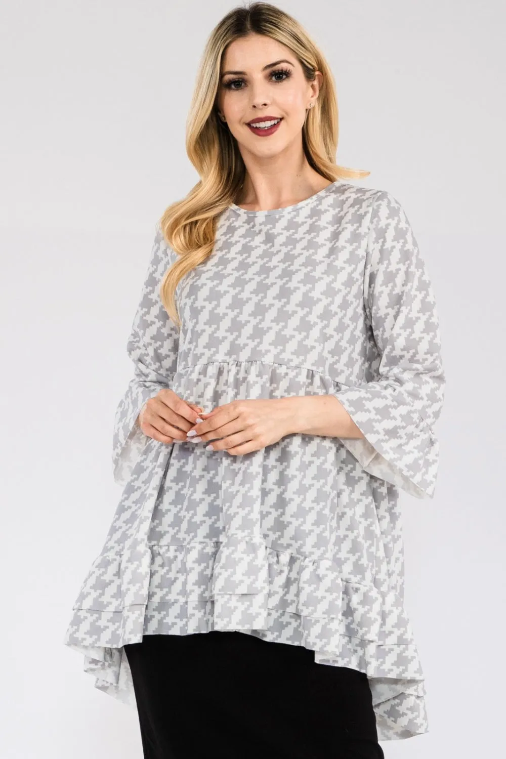 Full Size Houndstooth Flounce Sleeve High-Low Top