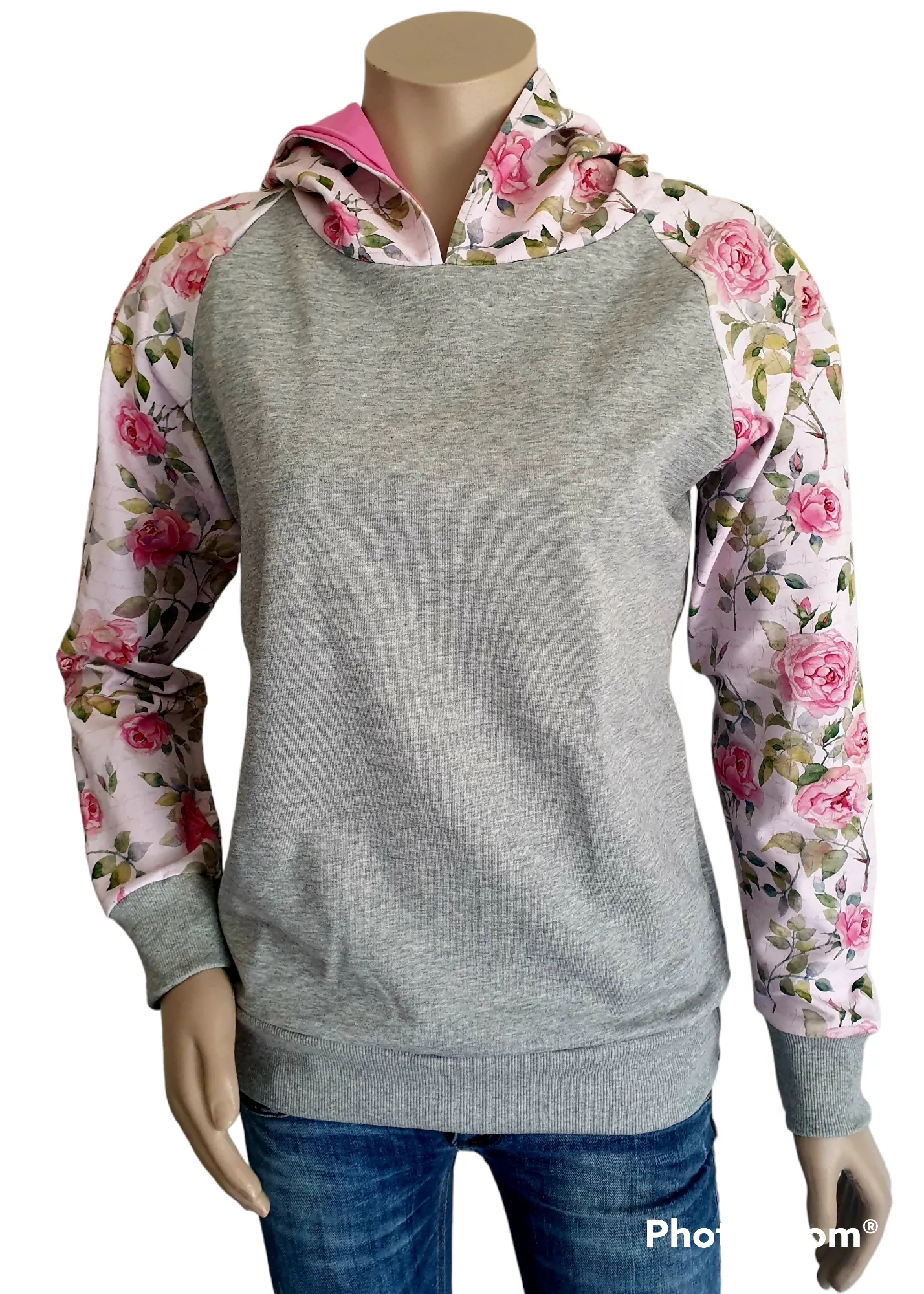 Grey Pink Floral Hoody