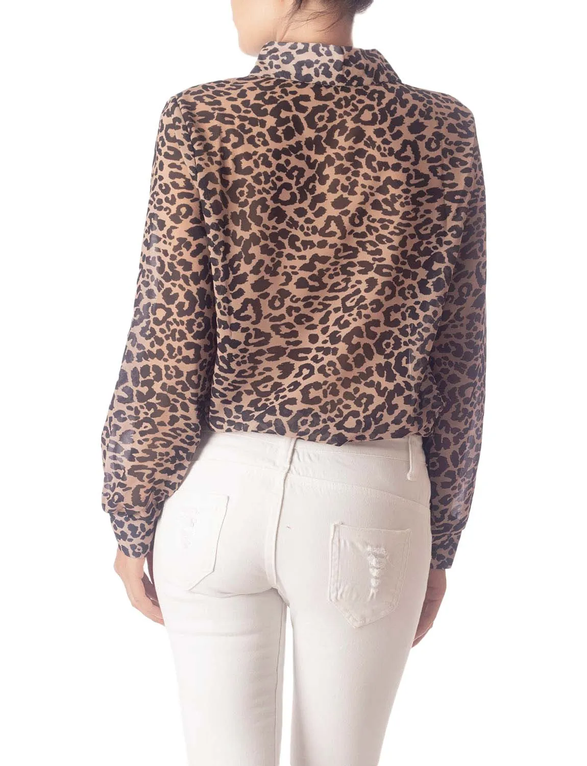 iB-iP Women's Leopard Patterned Casual Button Semi Sheer Long Sleeve Shirt