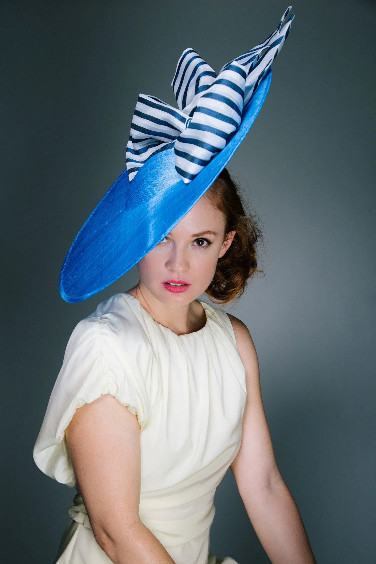 Lady Aurelia: Large Disc Derby Hat with Stripe Bows