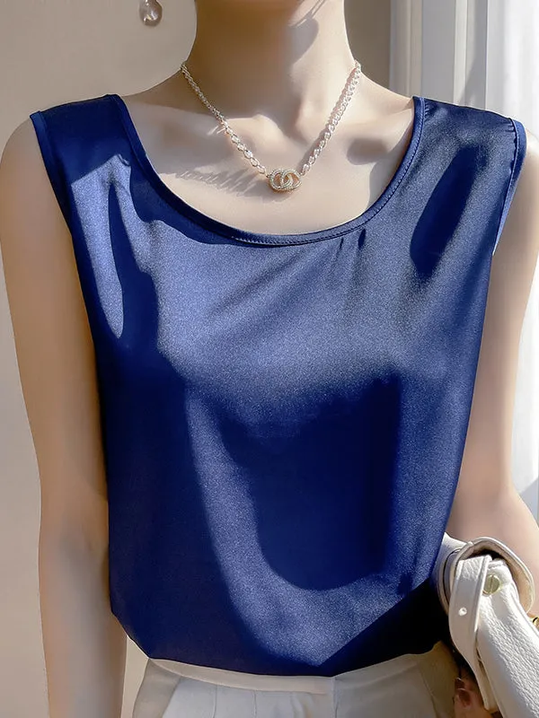 Loose Sleeveless Solid Color Round-Neck Vest Top