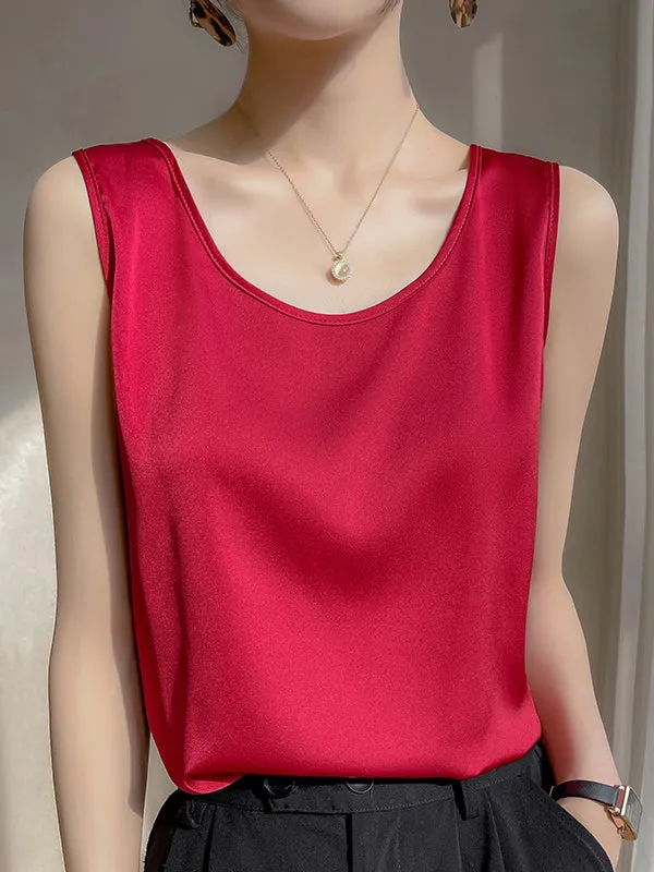 Loose Sleeveless Solid Color Round-Neck Vest Top