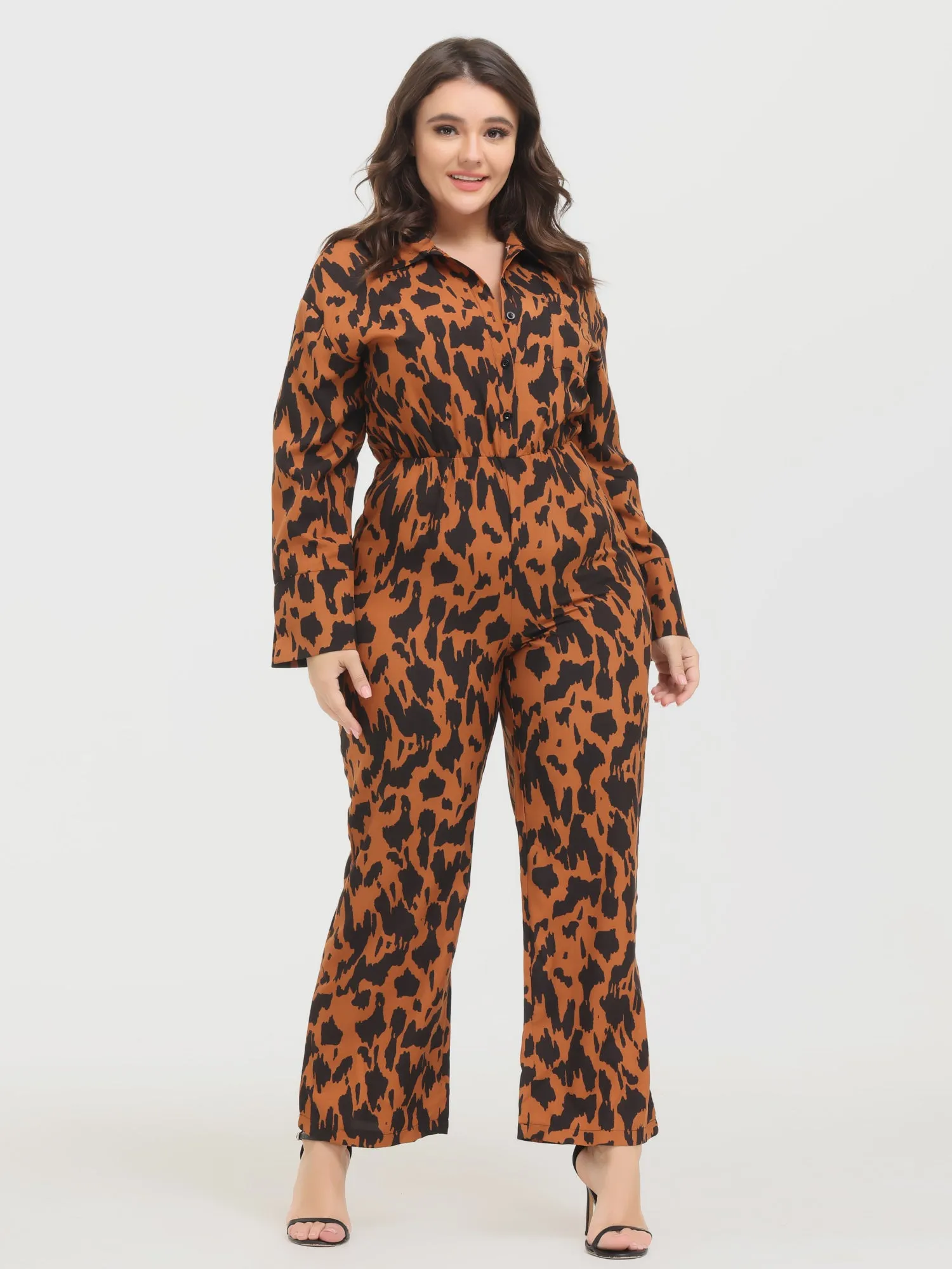 Midsize Fashion Leopard Print Long Sleeve Jumpsuit