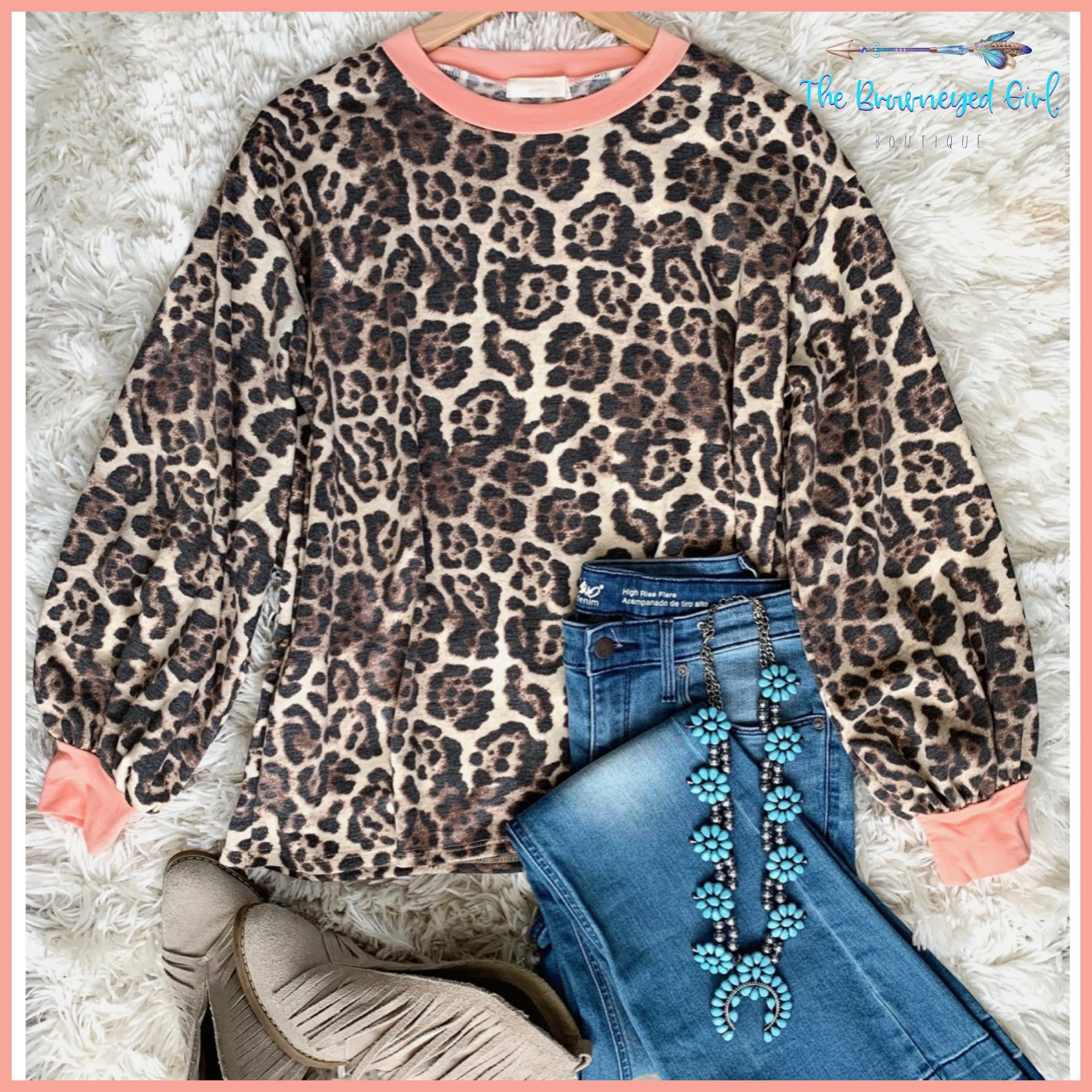 My Life Leopard Neon Coral  Bubble Sleeve Sweat Shirt