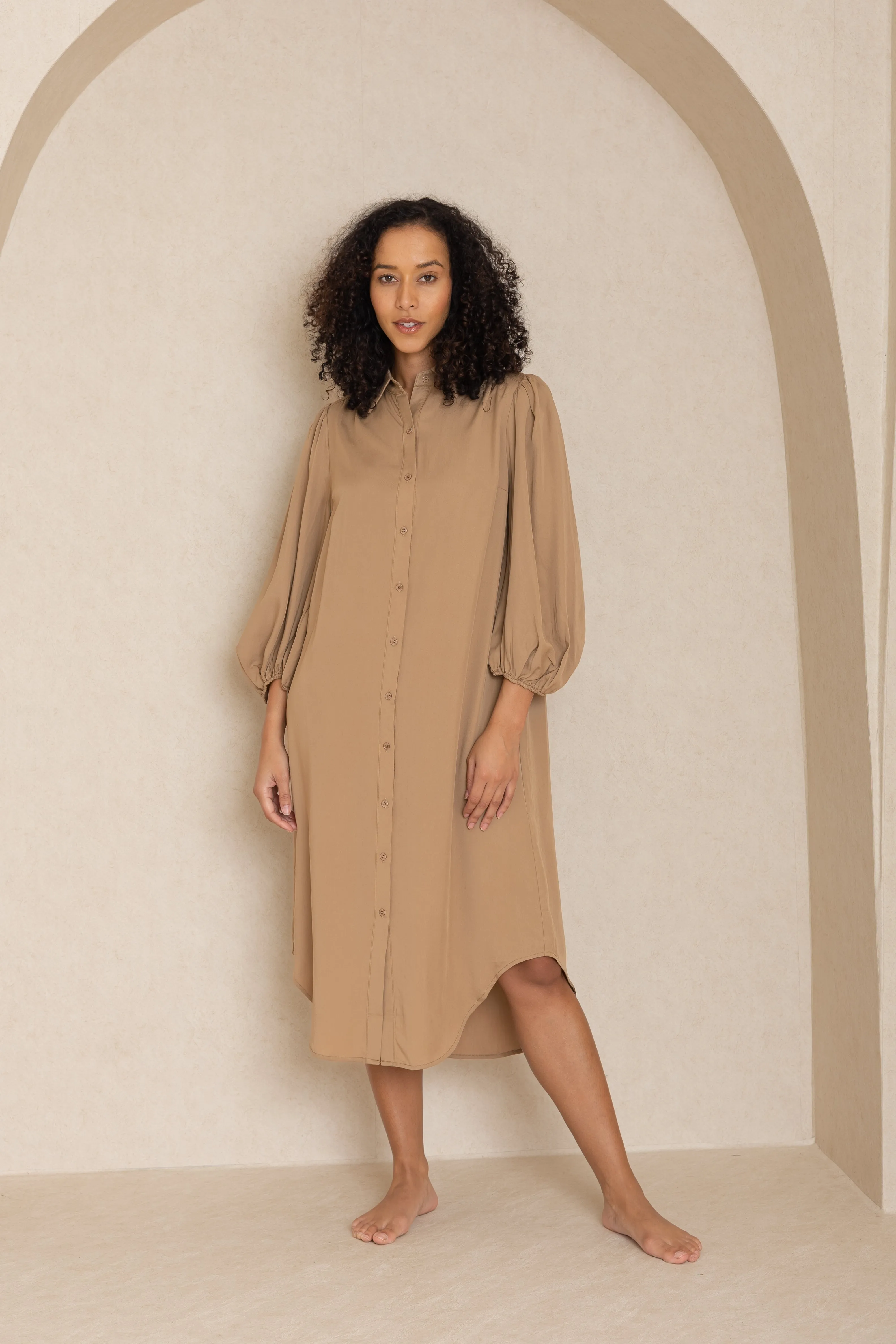 Neutral Bubble Sleeve Shirt Dress