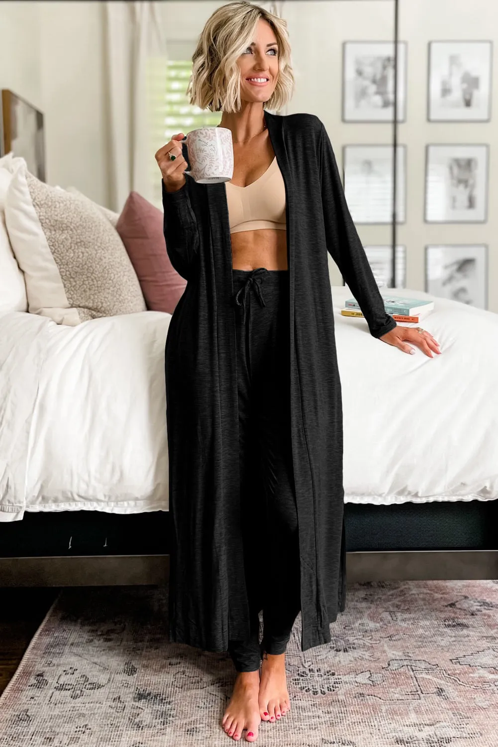 Parchment Split Long Cardigan and Skinny Pants Lounge Set