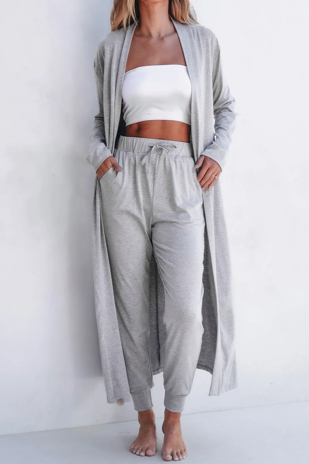 Parchment Split Long Cardigan and Skinny Pants Lounge Set