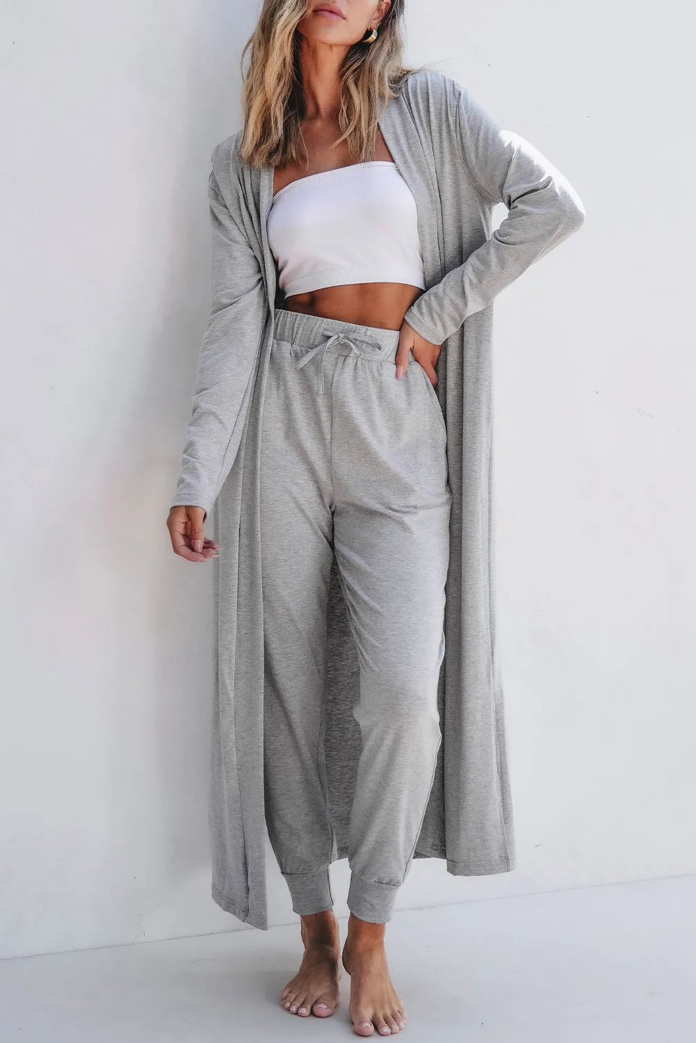 Parchment Split Long Cardigan and Skinny Pants Lounge Set