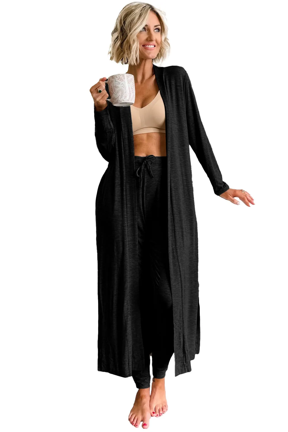 Parchment Split Long Cardigan and Skinny Pants Lounge Set