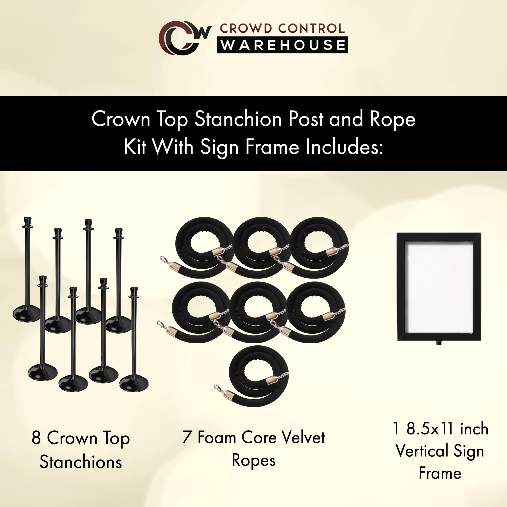 Post and Rope Stanchion Kit, Crown Top Posts, 6 Ft. Velvet Foam Core Rope and Sign Frame - Montour Line