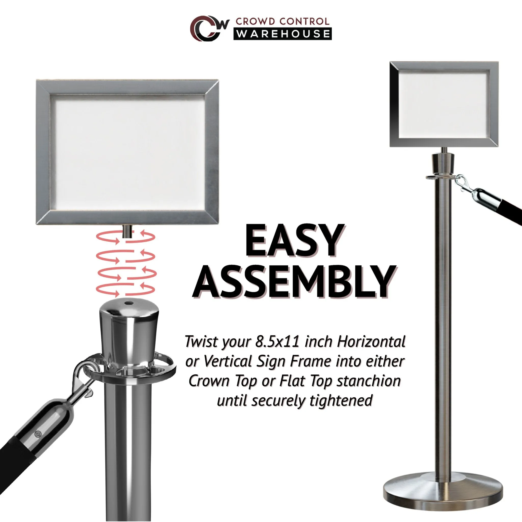 Post and Rope Stanchion Kit, Crown Top Posts, 6 Ft. Velvet Foam Core Rope and Sign Frame - Montour Line