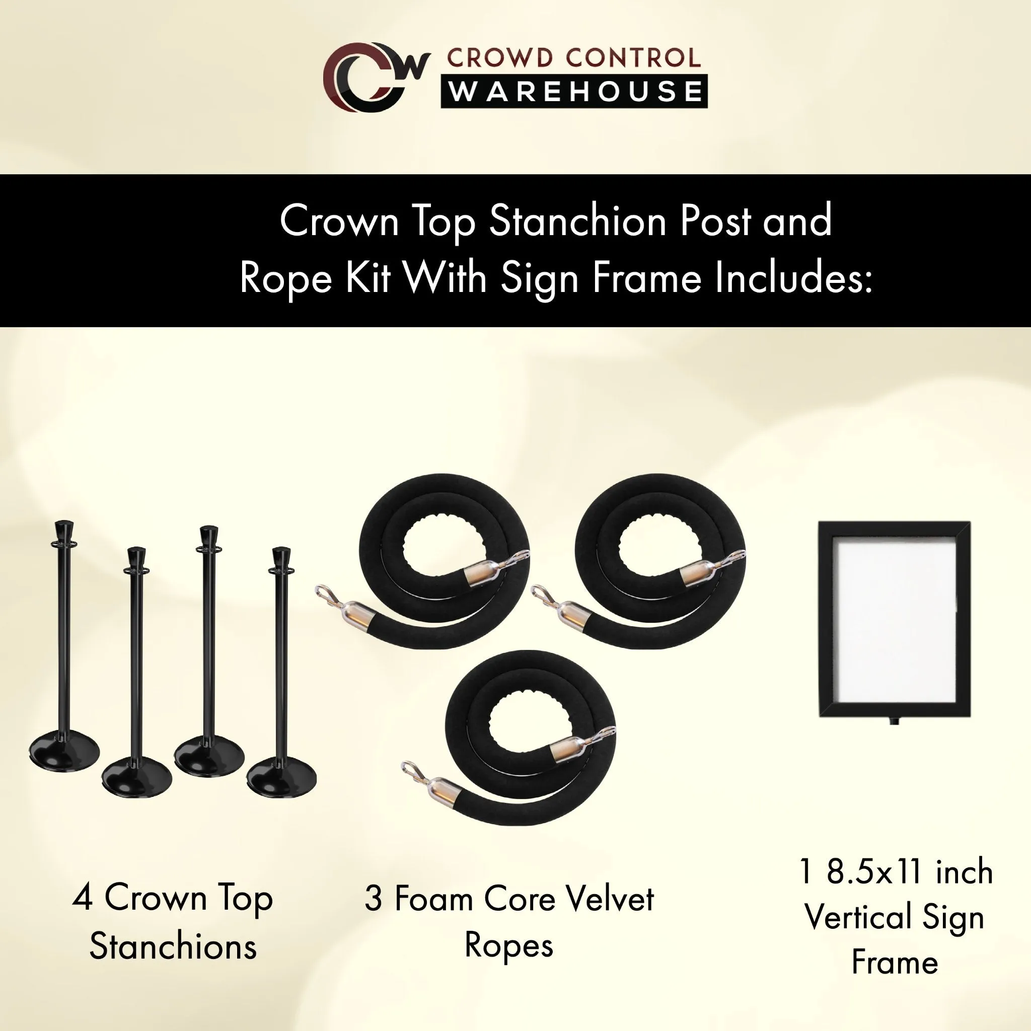 Post and Rope Stanchion Kit, Crown Top Posts, 6 Ft. Velvet Foam Core Rope and Sign Frame - Montour Line