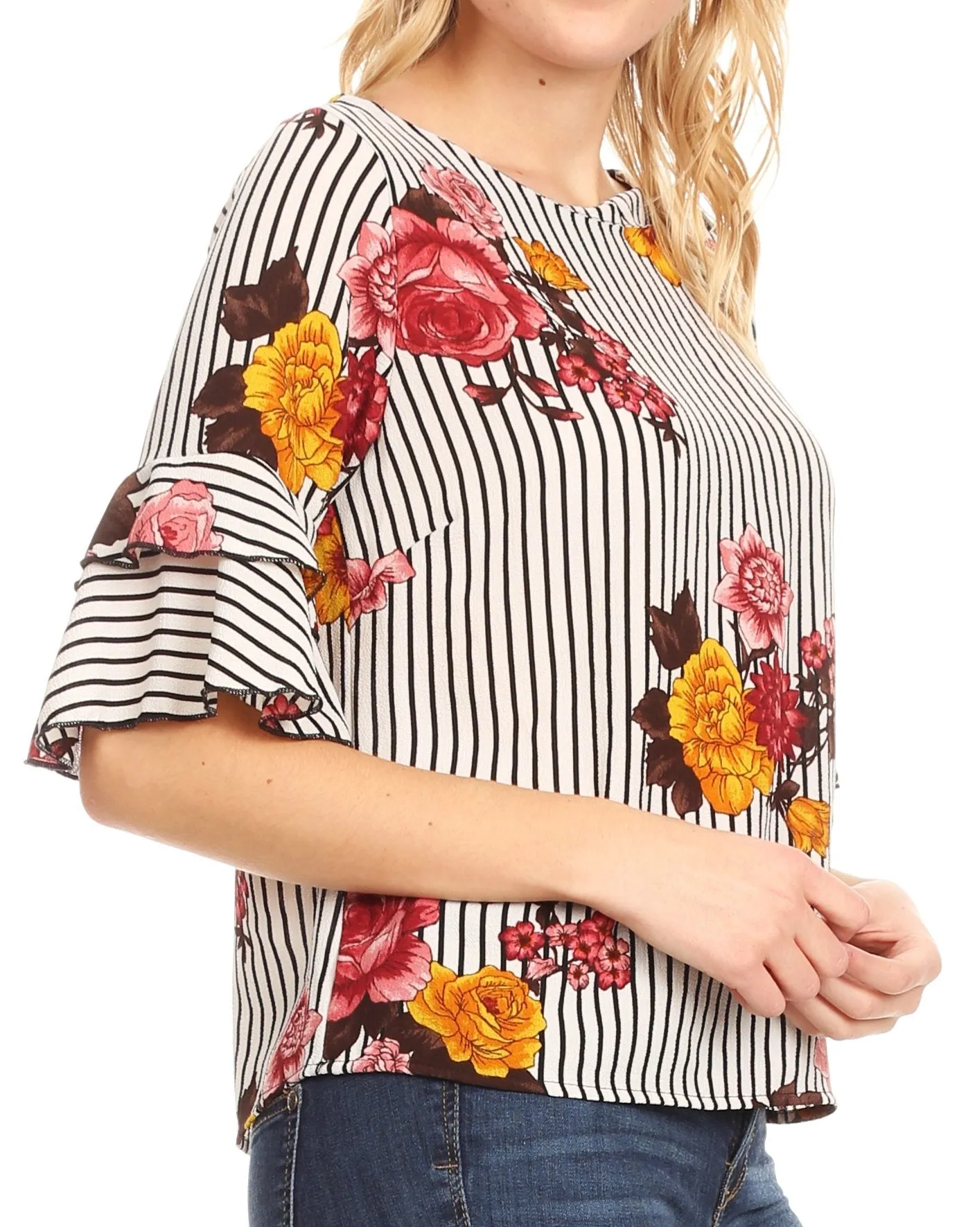 Sakkas Akila  Women 3/4 Sleeve Floral Print Round Neck Low back Blouse Top Casual