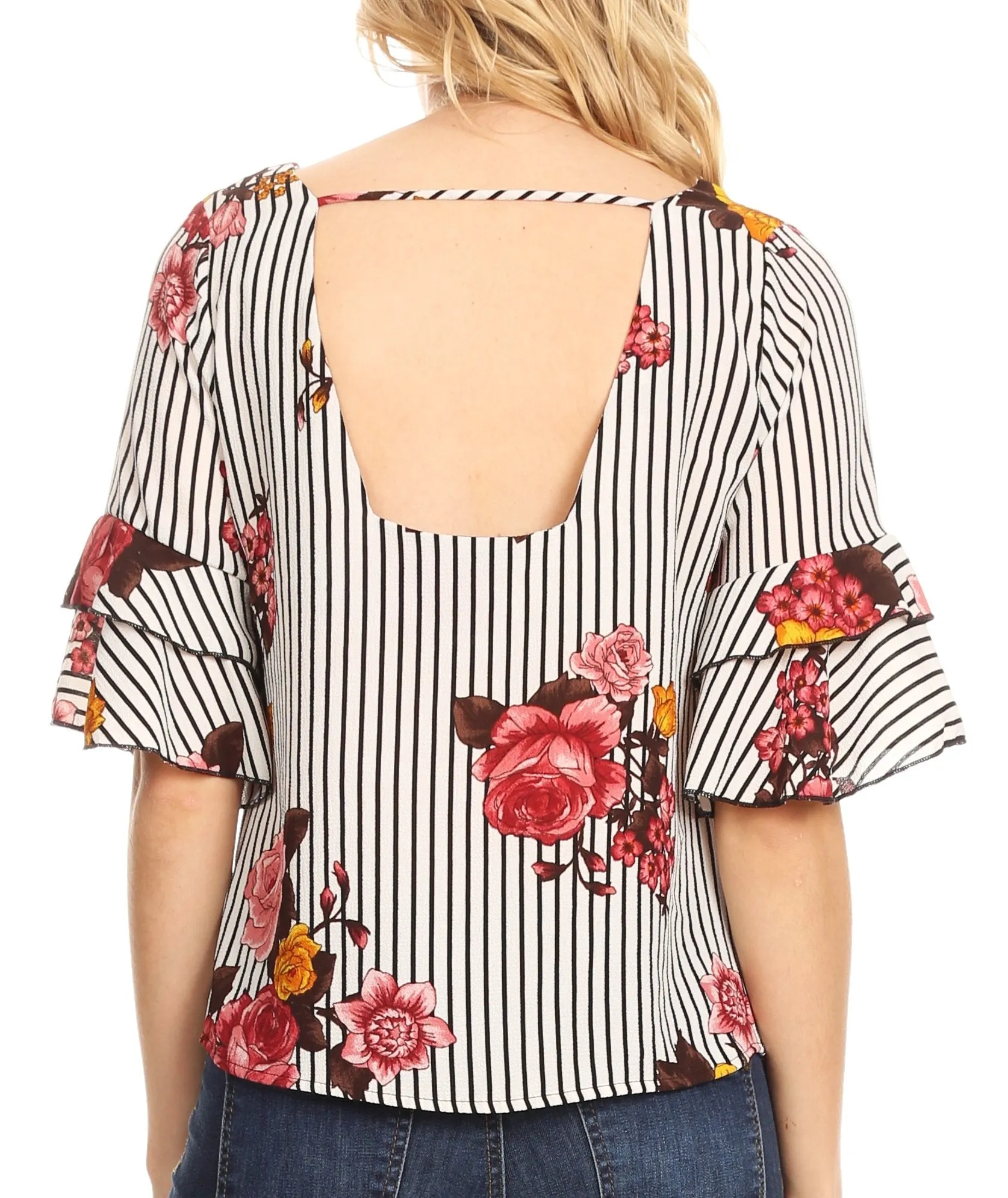 Sakkas Akila  Women 3/4 Sleeve Floral Print Round Neck Low back Blouse Top Casual