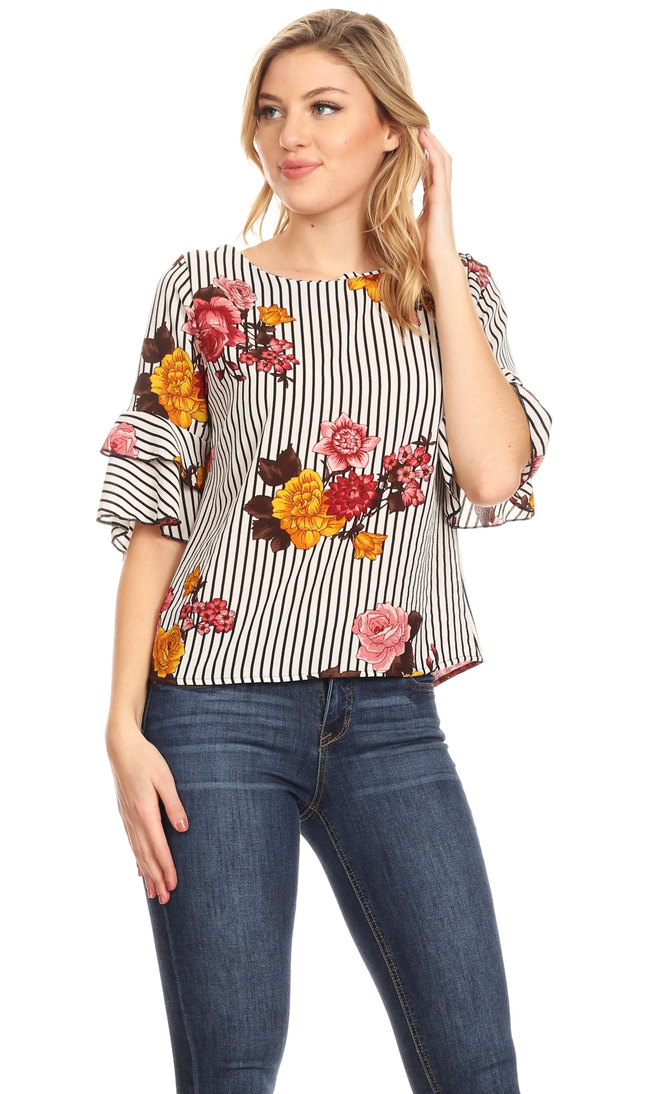 Sakkas Akila  Women 3/4 Sleeve Floral Print Round Neck Low back Blouse Top Casual