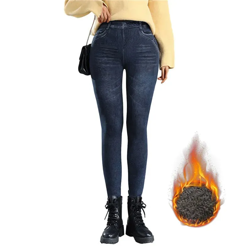 Women Thin Fleece Imitation Denim Pants Stretchy High Waist Warm Velvet Leggings Autumn Winter Slimming Tights