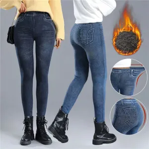 Women Thin Fleece Imitation Denim Pants Stretchy High Waist Warm Velvet Leggings Autumn Winter Slimming Tights