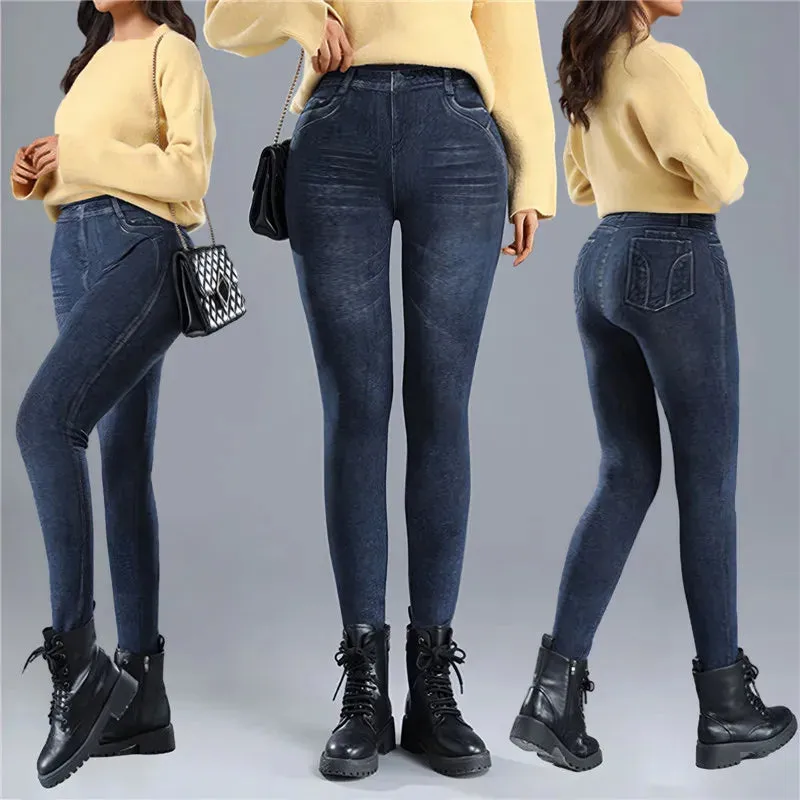 Women Thin Fleece Imitation Denim Pants Stretchy High Waist Warm Velvet Leggings Autumn Winter Slimming Tights