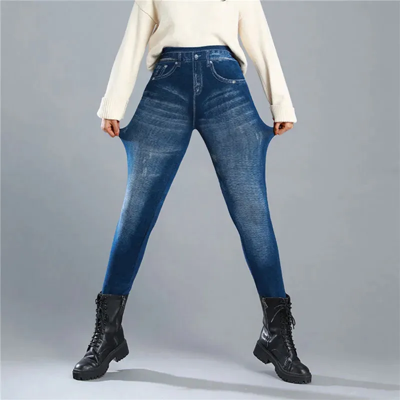 Women Thin Fleece Imitation Denim Pants Stretchy High Waist Warm Velvet Leggings Autumn Winter Slimming Tights